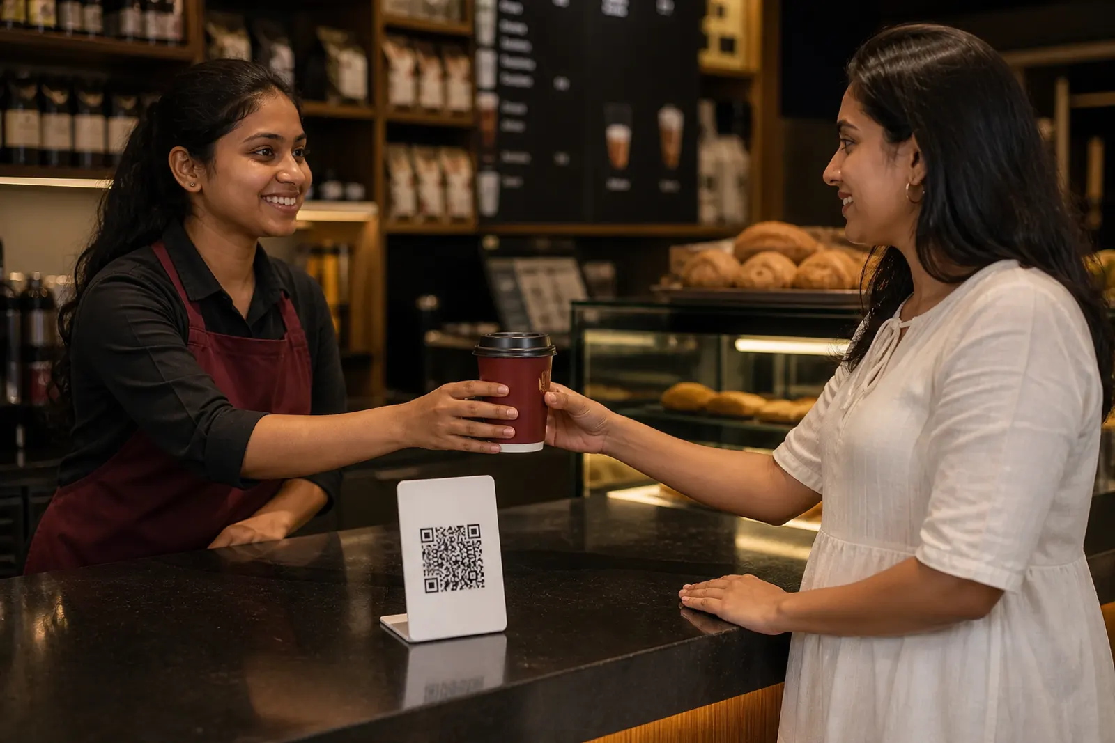 Barista at an Indian cafe counter with a single QR stand