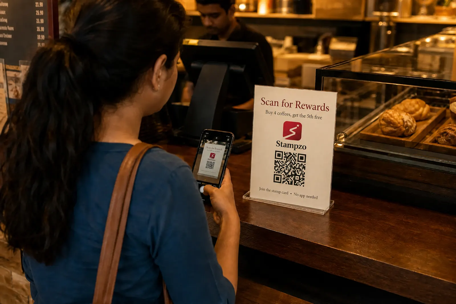 Customer scanning a single QR stand at a cafe counter