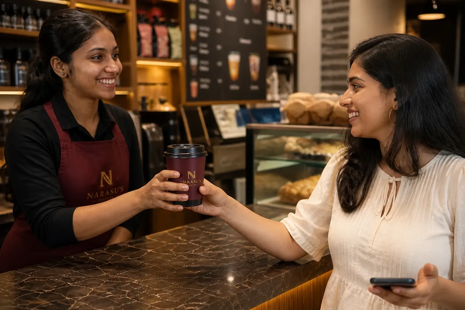 Staff handing a free coffee after a full stamp card