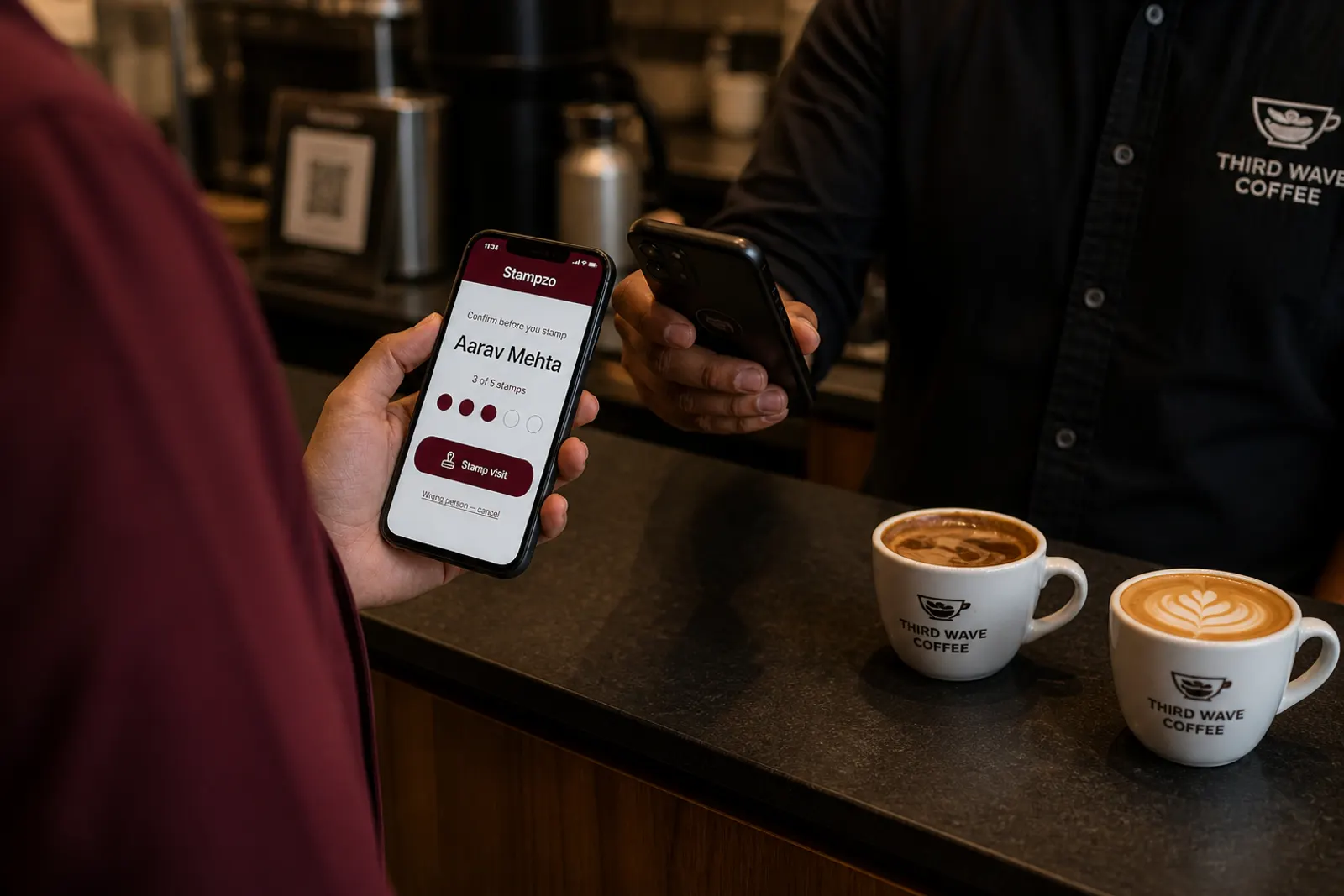 Staff phone scanning a customer stamp card at the counter