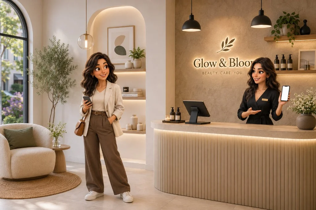 Customer at a salon counter talking to staff, both holding phones