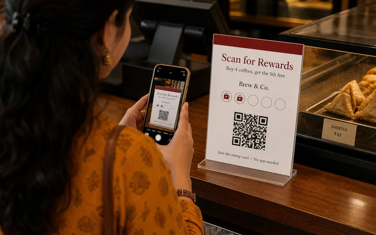 Customer scanning the shop QR poster to join